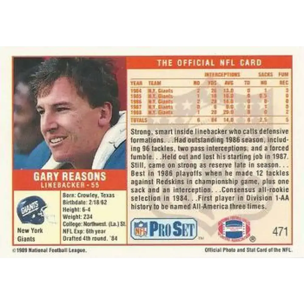 1989 Pro Set #471 Gary Reasons NM-MT RC Rookie New York Giants Football Card - Football Card Single