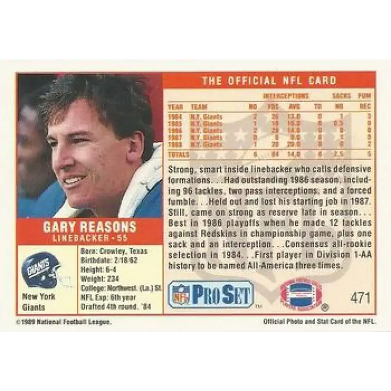 1989 Pro Set #471 Gary Reasons NM-MT RC Rookie New York Giants Football Card - Football Card Single