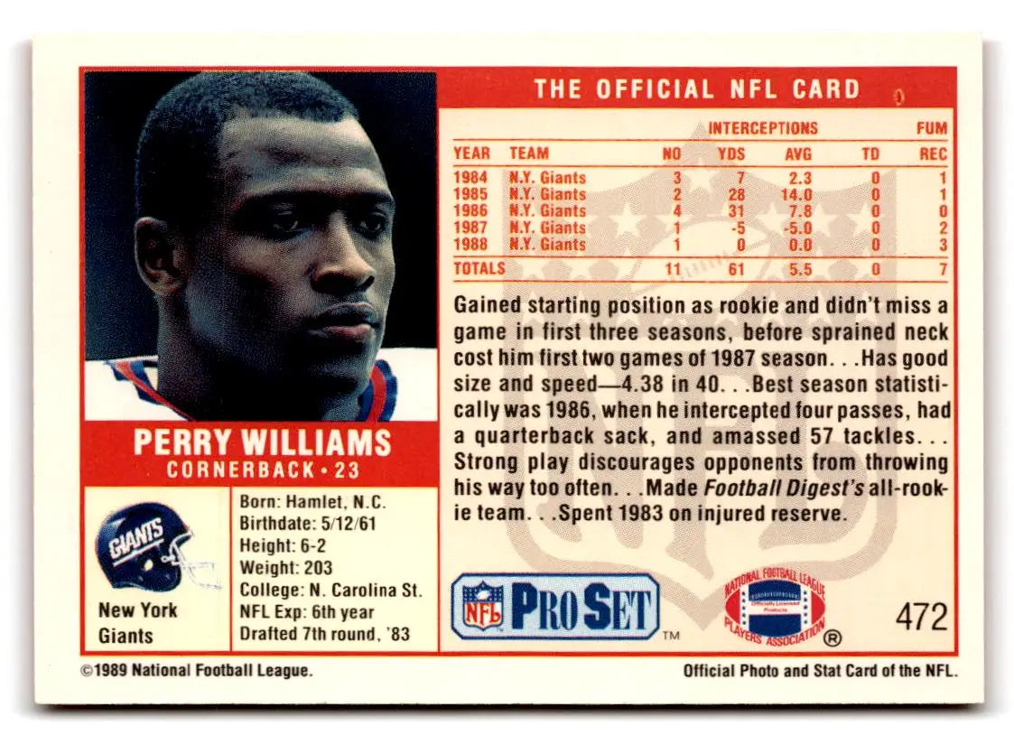 1989 Pro Set #472 Perry Williams - Football Card Single