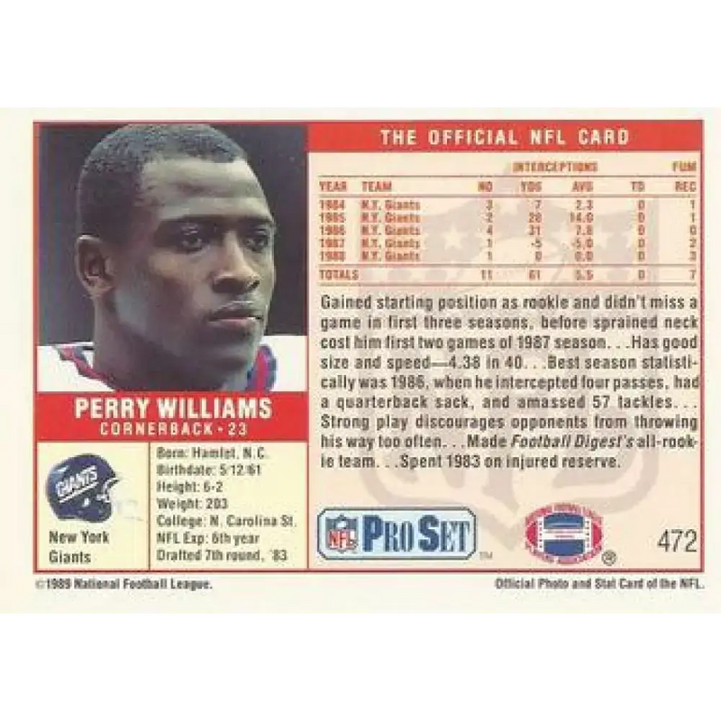 1989 Pro Set #472 Perry Williams NM-MT RC Rookie New York Giants Football Card - Football Card Single