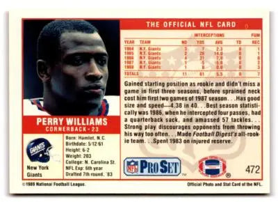 Vintage football trading card of Perry Williams from 1989 Pro Set York Giants