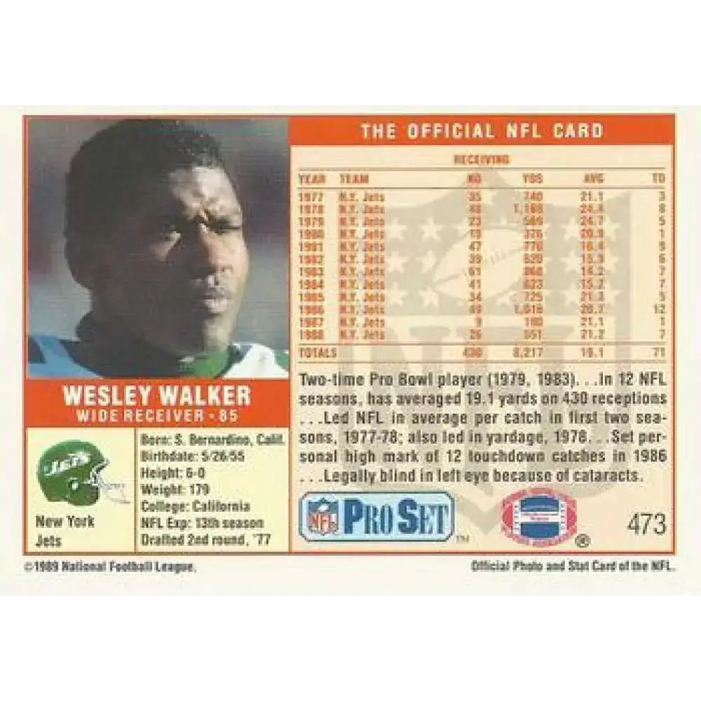 1989 Pro Set #473 Wesley Walker NM-MT New York Jets Football Card - Football Card Single