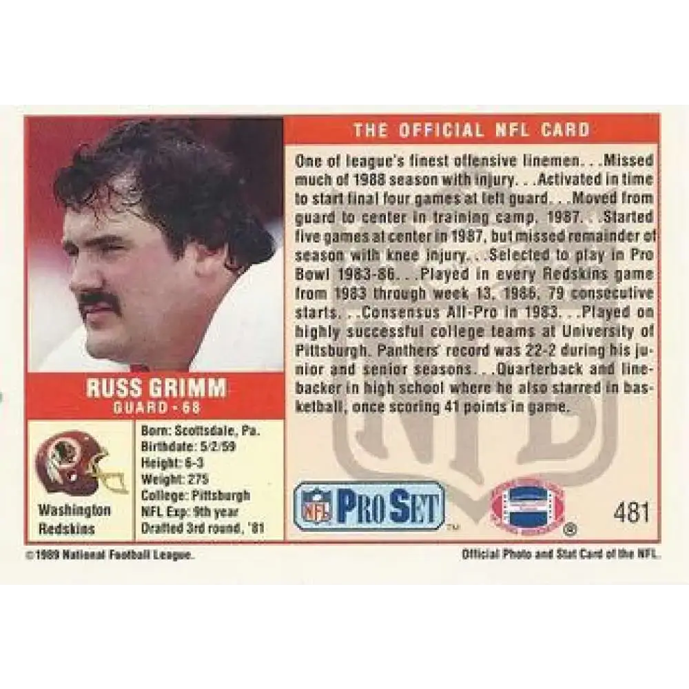 1989 Pro Set #481 Russ Grimm NM-MT Washington Redskins Football Card - Football Card Single