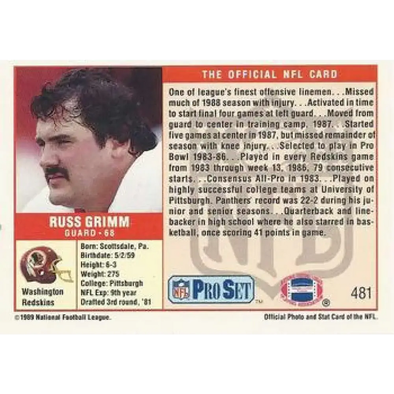 1989 Pro Set #481 Russ Grimm NM-MT Washington Redskins Football Card - Football Card Single