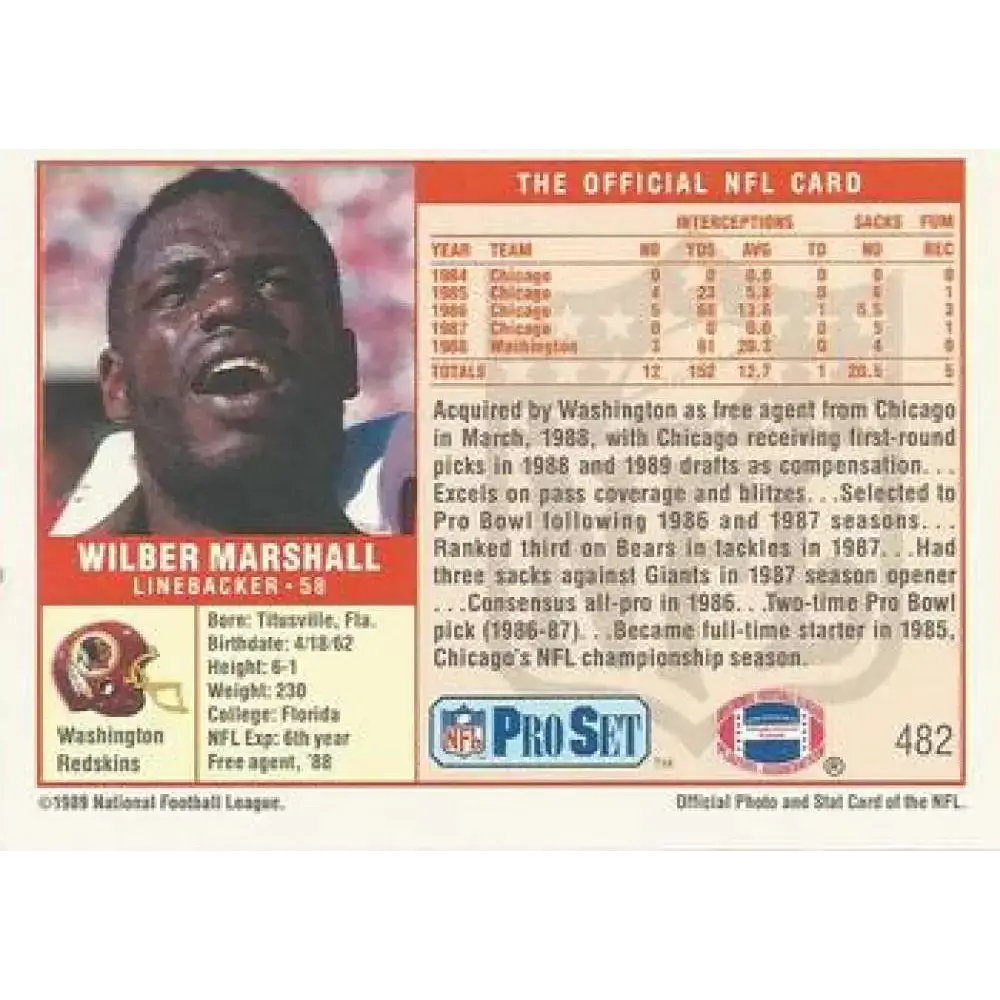 1989 Pro Set #482 Wilber Marshall NM-MT Washington Redskins Football Card - Football Card Single