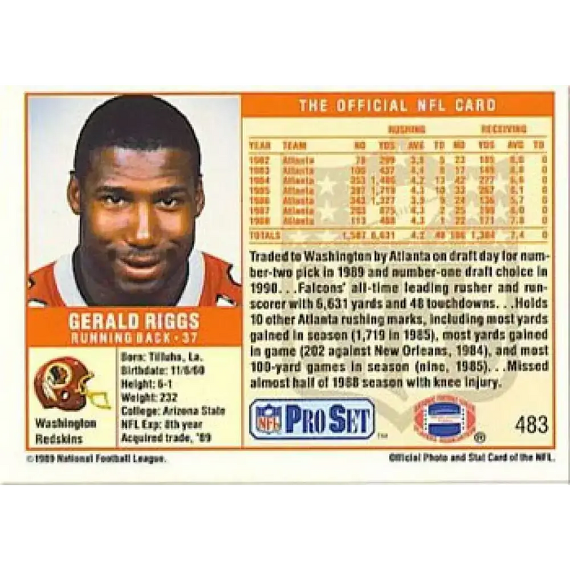1989 Pro Set #483a Gerald Riggs NM-MT Washington Redskins Football Card - Football Card Single
