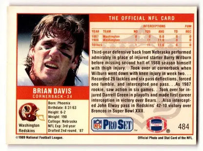 Original gloss Brian Davis Washington Redskins football card from 1989 Pro Set