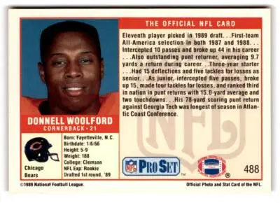 1989 Pro Set Donnell Woolford NFL football trading card featuring Donnell Woolford