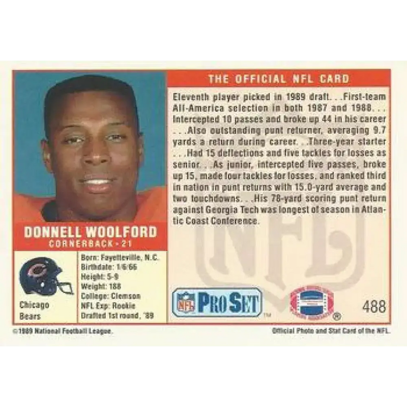 1989 Pro Set #488 Donnell Woolford NM-MT RC Rookie Chicago Bears Football Card - Football Card Single