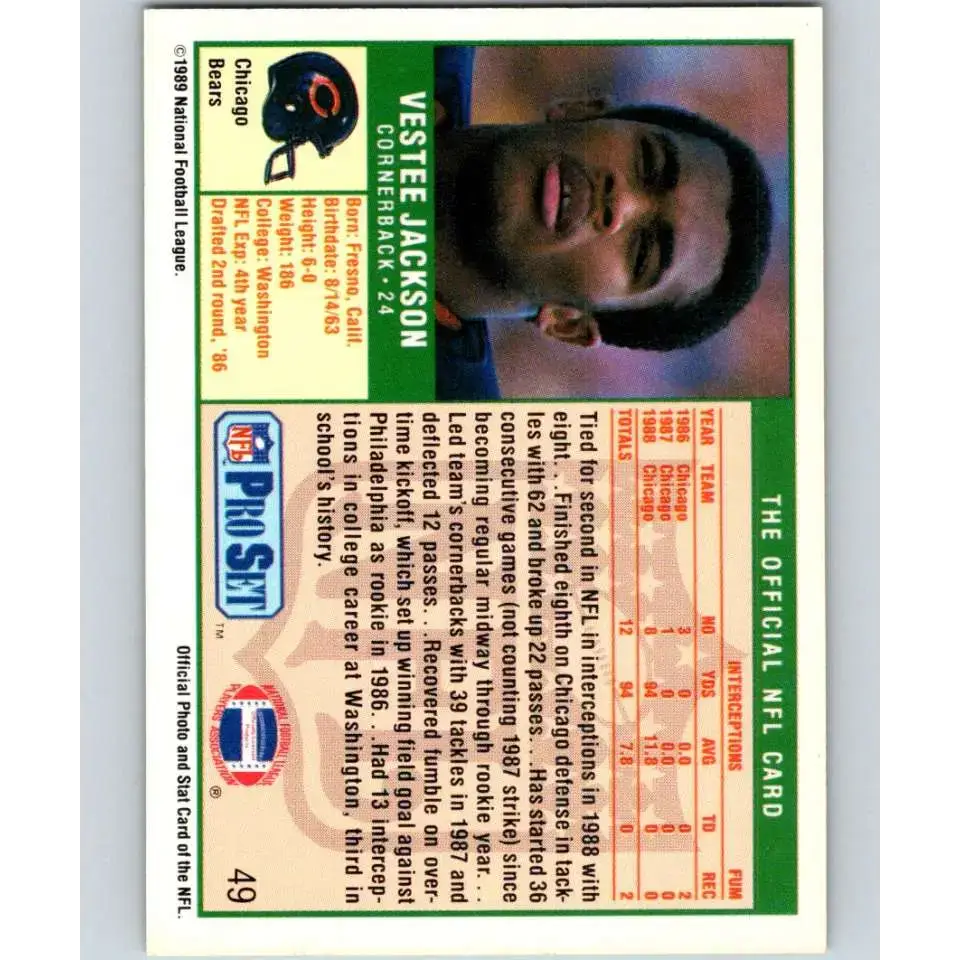 1989 Pro Set #49 Vestee Jackson NM-MT RC Rookie Chicago Bears Football Card - Football Card Single