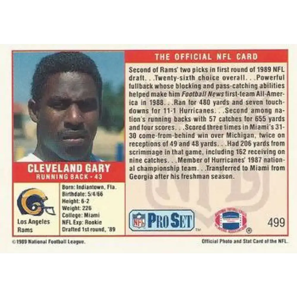 1989 Pro Set #499 Cleveland Gary NM-MT RC Rookie Los Angeles Rams Football Card - Football Card Single