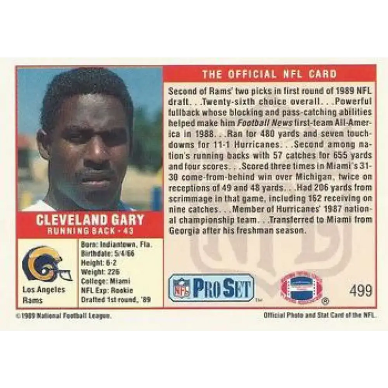 1989 Pro Set #499 Cleveland Gary NM-MT RC Rookie Los Angeles Rams Football Card - Football Card Single