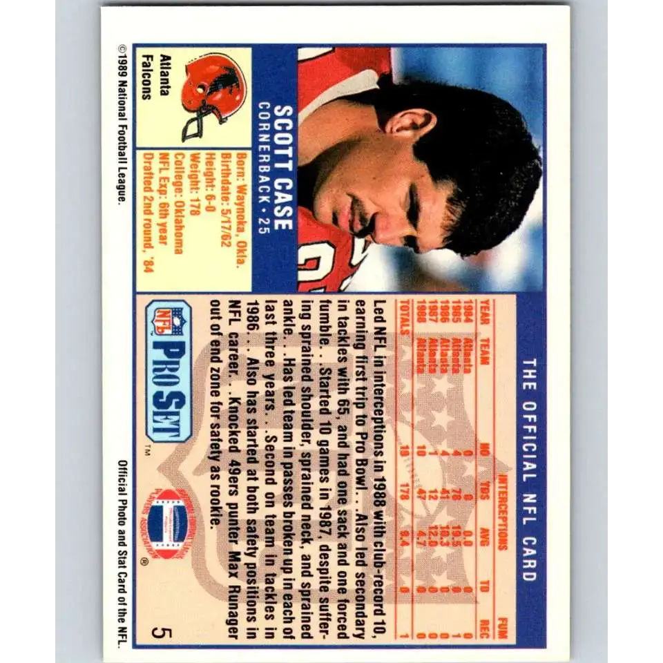 1989 Pro Set #5 Scott Case NM-MT RC Rookie Atlanta Falcons Football Card