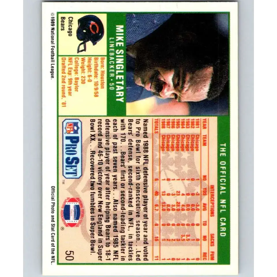 1989 Pro Set #50 Mike Singletary NM-MT Chicago Bears Football Card