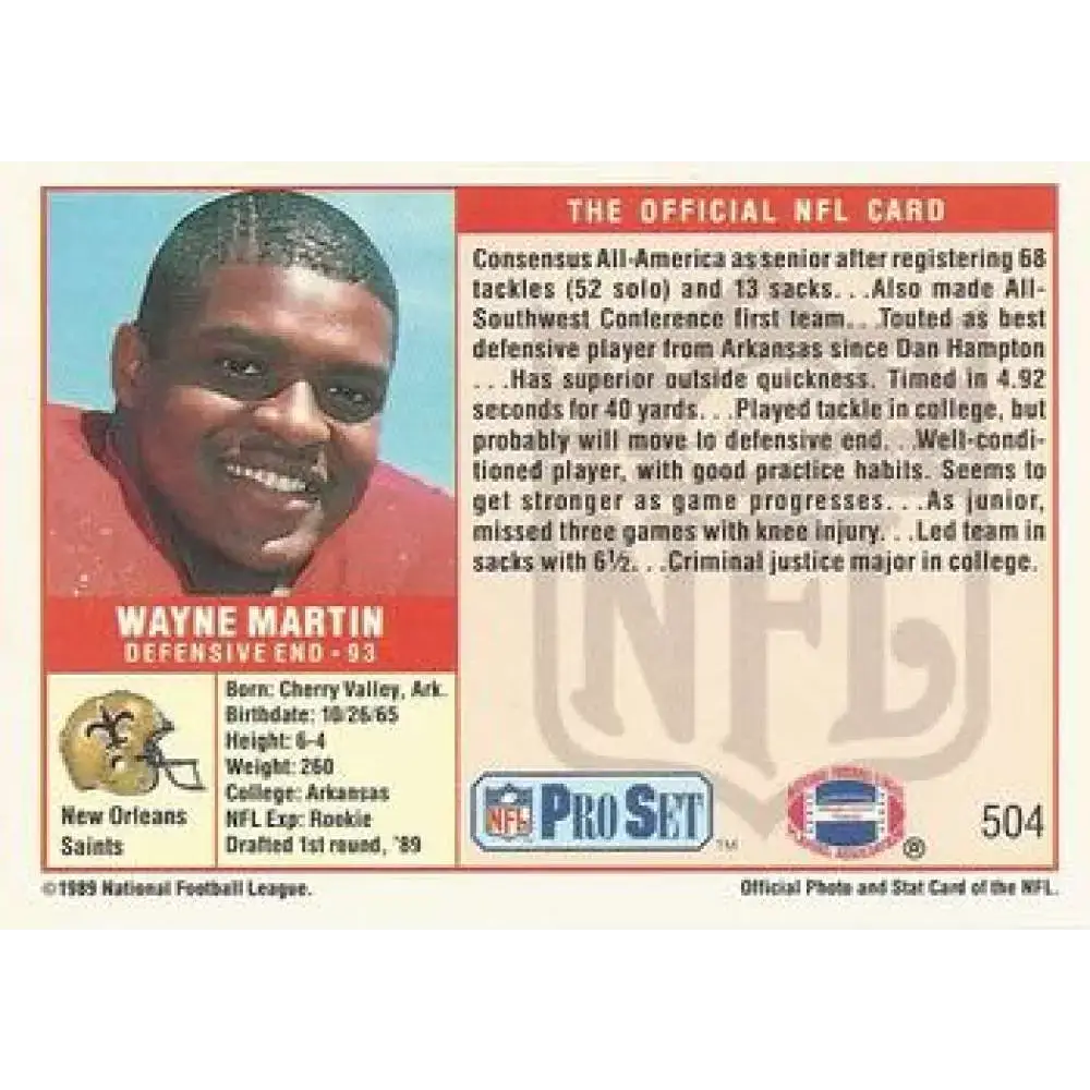 1989 Pro Set #504 Wayne Martin NM-MT RC Rookie New Orleans Saints Football Card - Football Card Single