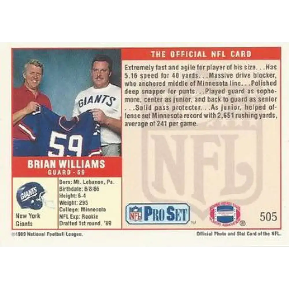 1989 Pro Set #505 Brian Williams NM-MT RC Rookie New York Giants Football Card - Football Card Single