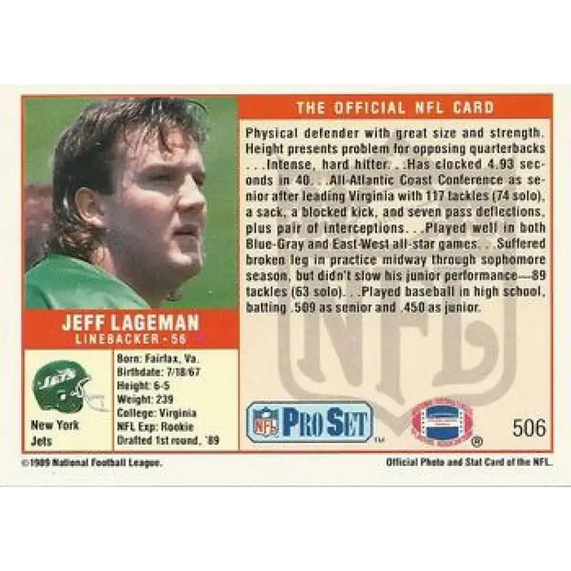 1989 Pro Set #506 Jeff Lageman NM-MT RC Rookie New York Jets Football Card - Football Card Single
