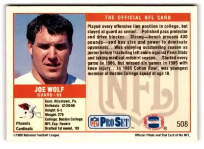 1989 Pro Set Joe Wolf football card displayed in 1989 Pro Set Joe Wolf product