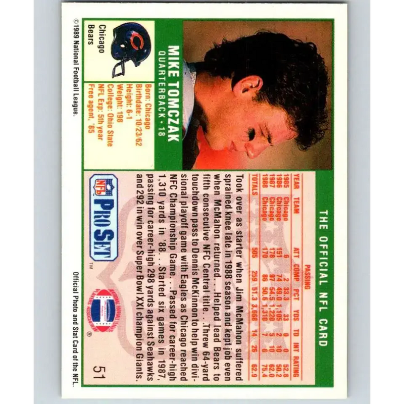 1989 Pro Set #51 Mike Tomczak NM-MT Chicago Bears Football Card - Football Card Single