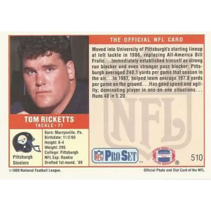 1989 Pro Set #510 Tom Ricketts NM-MT RC Rookie Pittsburgh Steelers Football Card