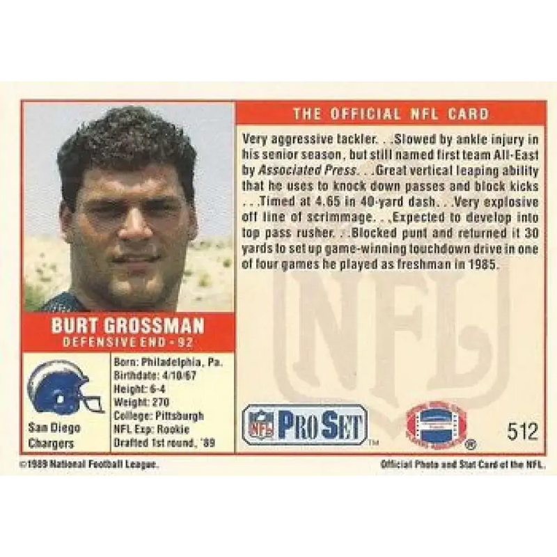 1989 Pro Set #512 Burt Grossman NM-MT RC Rookie San Diego Chargers Football Card - Football Card Single