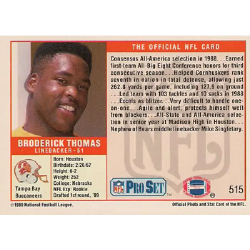 1989 Pro Set #515 Broderick Thomas NM-MT RC Rookie Tampa Bay Buccaneers Football Card - Football Card Single