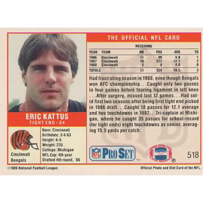 1989 Pro Set #518 Eric Kattus NM-MT Cincinnati Bengals Football Card