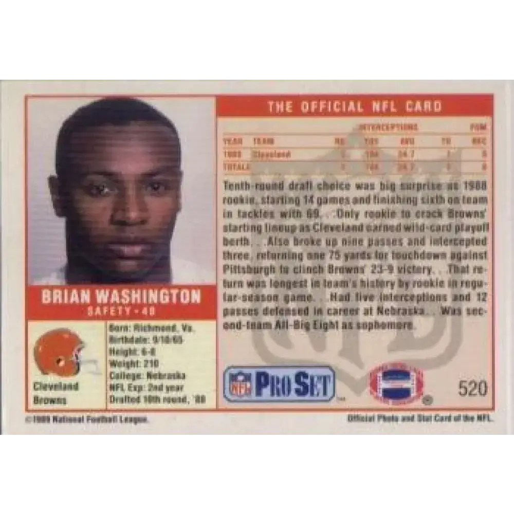 1989 Pro Set #520 Brian Washington NM-MT RC Rookie Cleveland Browns Football Card - Football Card Single