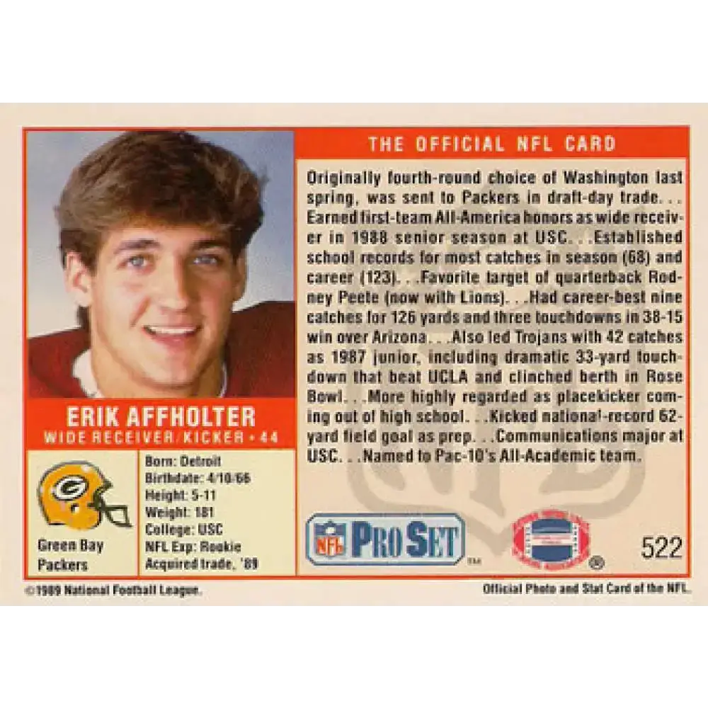 1989 Pro Set #522 Erik Affholter NM-MT RC Rookie Green Bay Packers Football Card - Football Card Single
