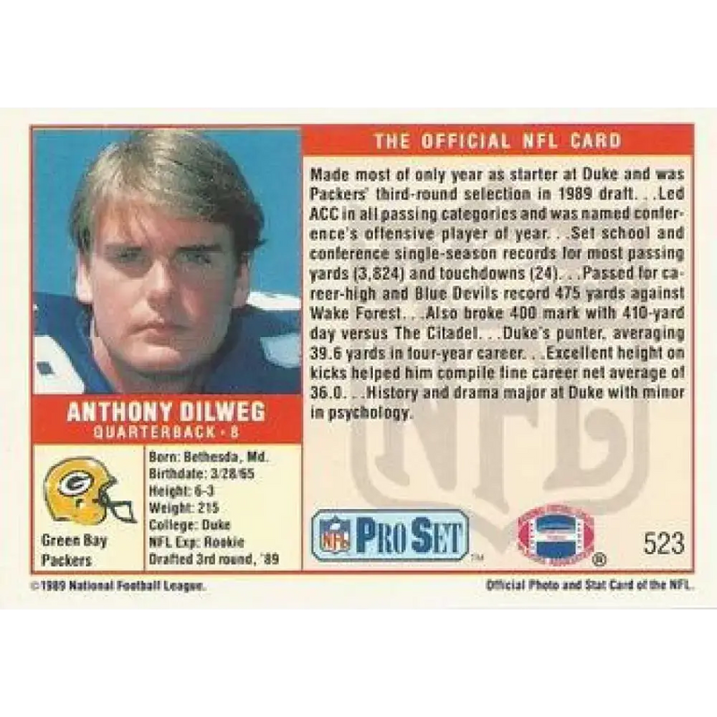 1989 Pro Set #523 Anthony Dilweg NM-MT RC Rookie Green Bay Packers Football Card - Football Card Single