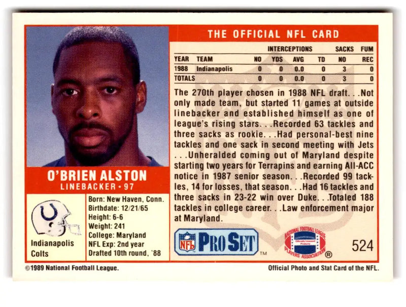 1989 Pro Set #524 O’Brien Alston - Football Card Single