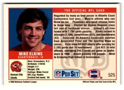 1989 Pro Set Mike Elkins Kansas City Chiefs football card featuring quarterback #10