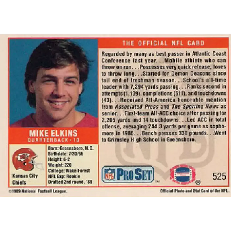 1989 Pro Set #525 Mike Elkins NM-MT RC Rookie Kansas City Chiefs Football Card - Football Card Single