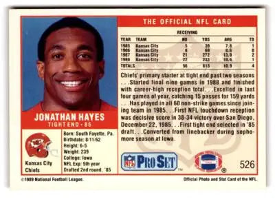 1989 Pro Set Jonathan Hayes NFL football card featuring Kansas City Chiefs player