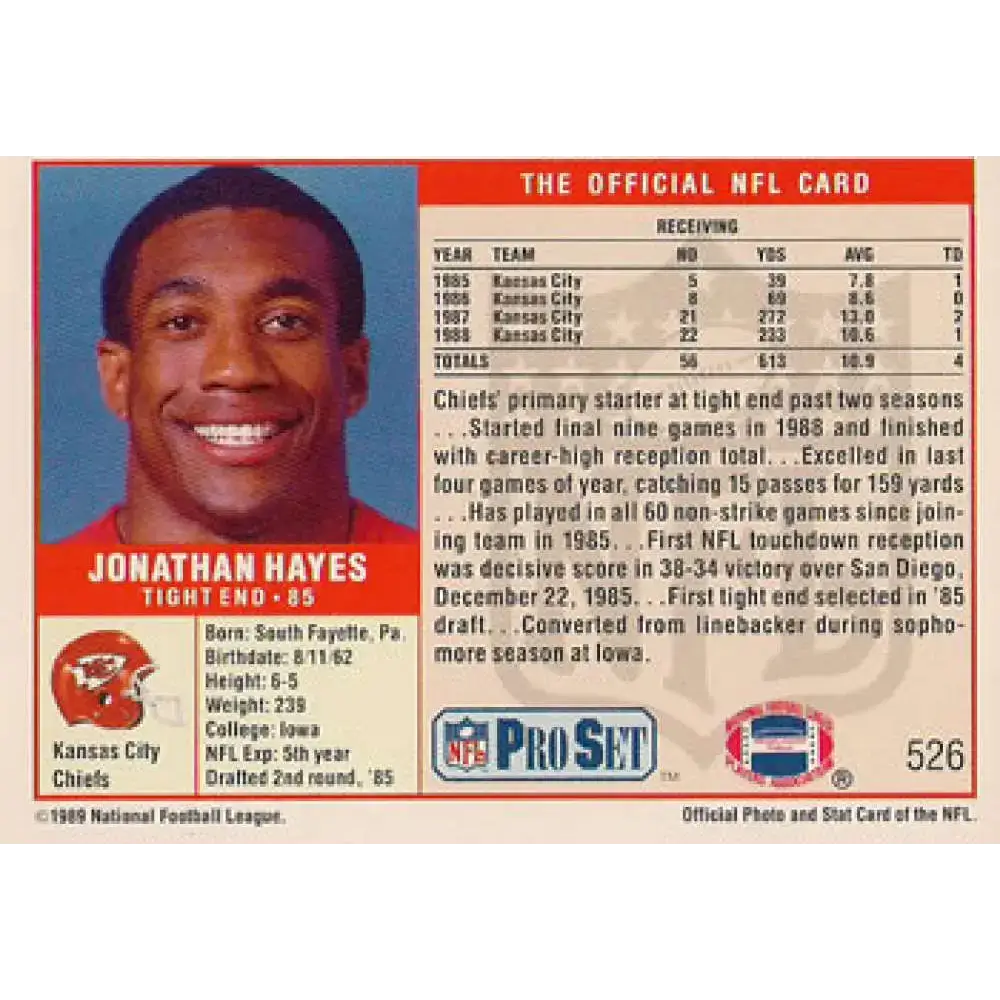 1989 Pro Set #526 Jonathan Hayes NM-MT RC Rookie Kansas City Chiefs Football Card - Football Card Single