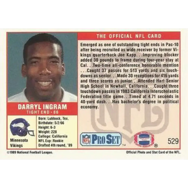 1989 Pro Set #529 Darryl Ingram NM-MT RC Rookie Minnesota Vikings Football Card - Football Card Single