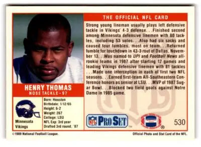 1989 Pro Set Henry Thomas football card displayed in the 1989 Pro Set #530 product