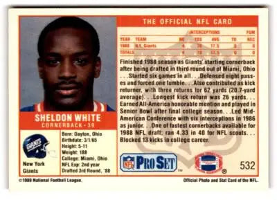 1989 Pro Set Sheldon White football card featuring Sheldon White of the New York Giants