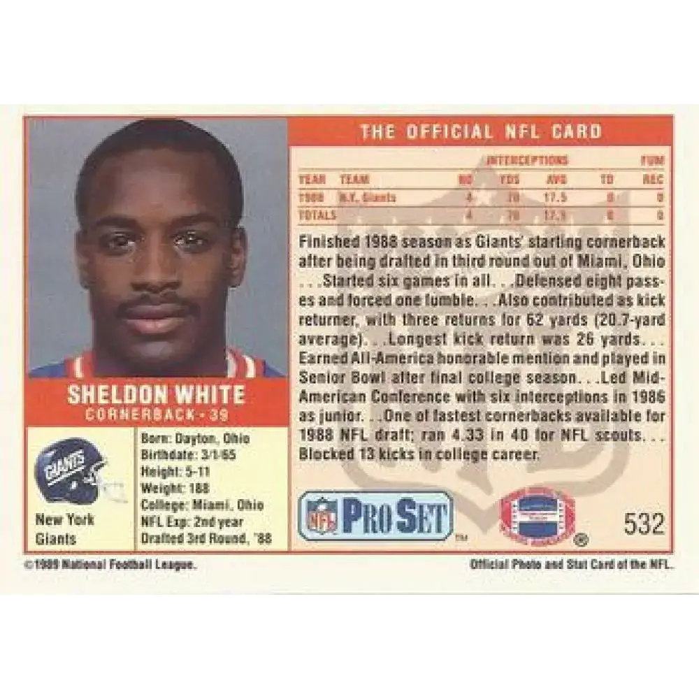 1989 Pro Set #532 Sheldon White NM-MT RC Rookie New York Giants Football Card