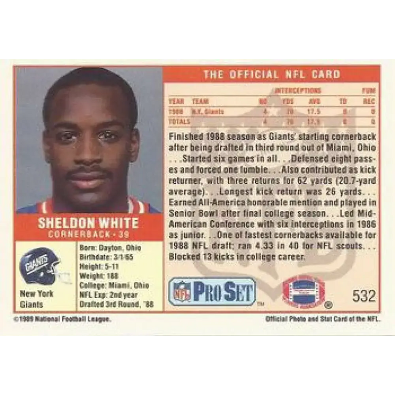 1989 Pro Set #532 Sheldon White NM-MT RC Rookie New York Giants Football Card - Football Card Single