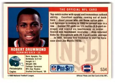 Back of a Robert Drummond 1989 Pro Set football card showcasing player details
