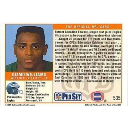 1989 Pro Set #535c Gizmo Williams NM-MT RC Rookie Philadelphia Eagles Football Card