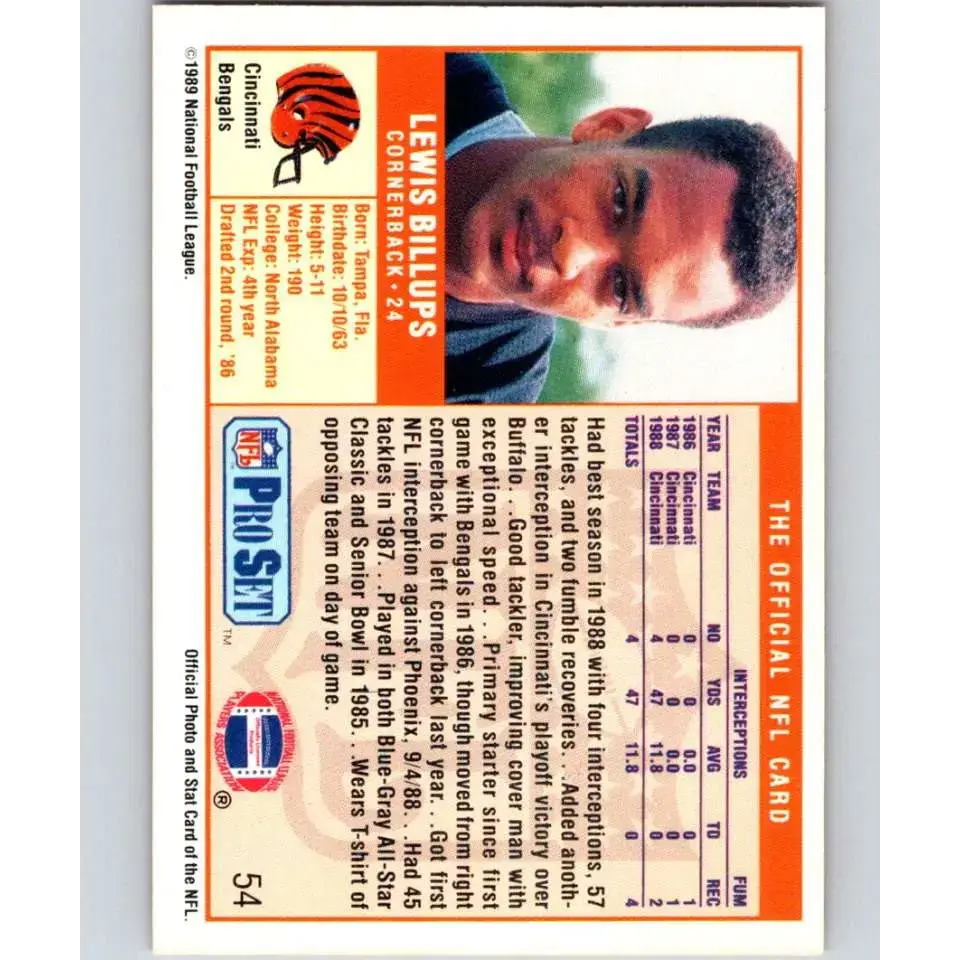 1989 Pro Set #54 Lewis Billups NM-MT Cincinnati Bengals Football Card - Football Card Single