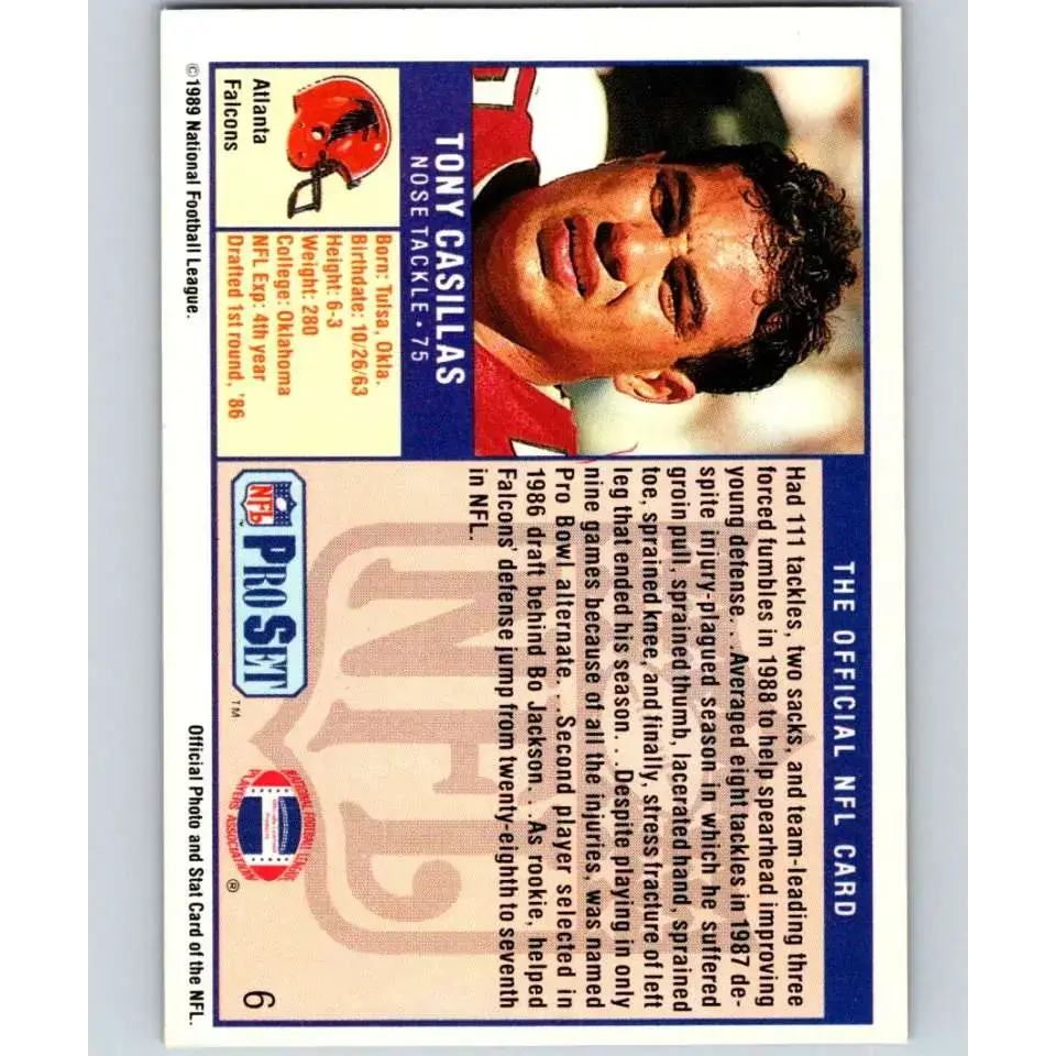 1989 Pro Set #6 Tony Casillas NM-MT Atlanta Falcons Football Card - Football Card Single