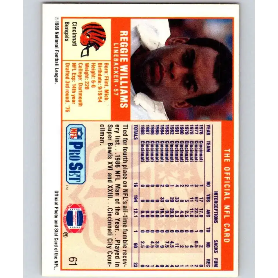 1989 Pro Set #61 Reggie Williams NM-MT Cincinnati Bengals Football Card - Football Card Single