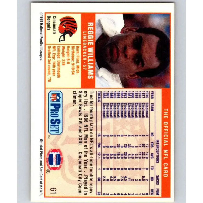 1989 Pro Set #61 Reggie Williams NM-MT Cincinnati Bengals Football Card - Football Card Single