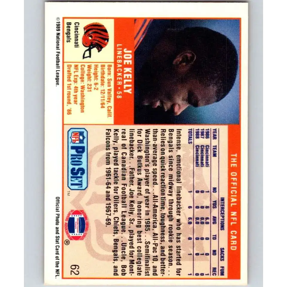 1989 Pro Set #62 Joe Kelly NM-MT RC Rookie Cincinnati Bengals Football Card - Football Card Single