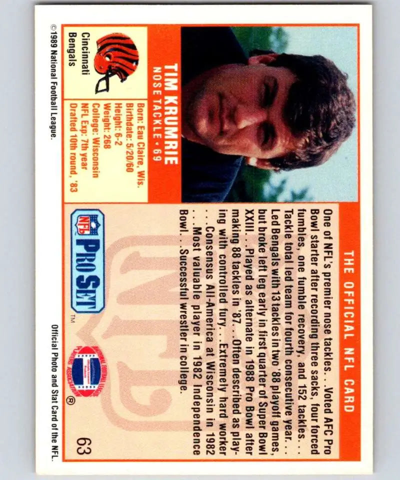 1989 Pro Set #63 Tim Krumrie EX Excellent Cincinnati Bengals Football Card - Football Card Single
