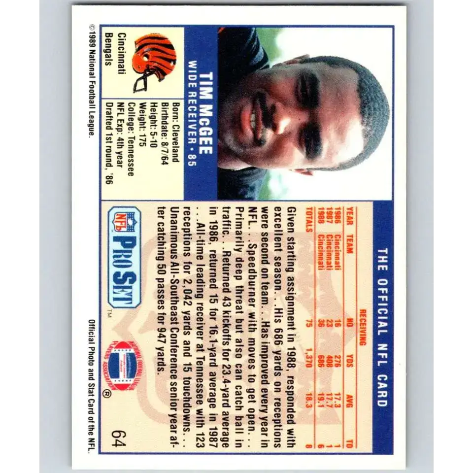 1989 Pro Set #64 Tim McGee NM-MT Cincinnati Bengals Football Card - Football Card Single