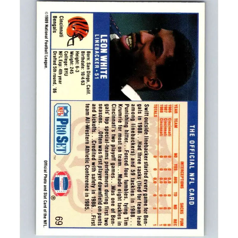 1989 Pro Set #69 Leon White NM-MT Cincinnati Bengals Football Card - Football Card Single